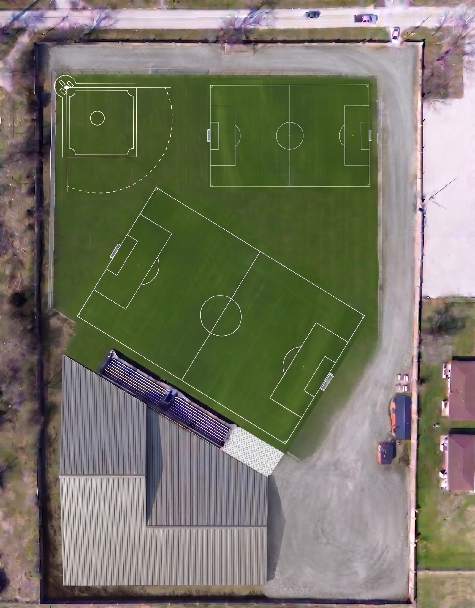 Aerial concept rendering of the proposed facility, showing a baseball diamond, two soccer fields, and an indoor building.